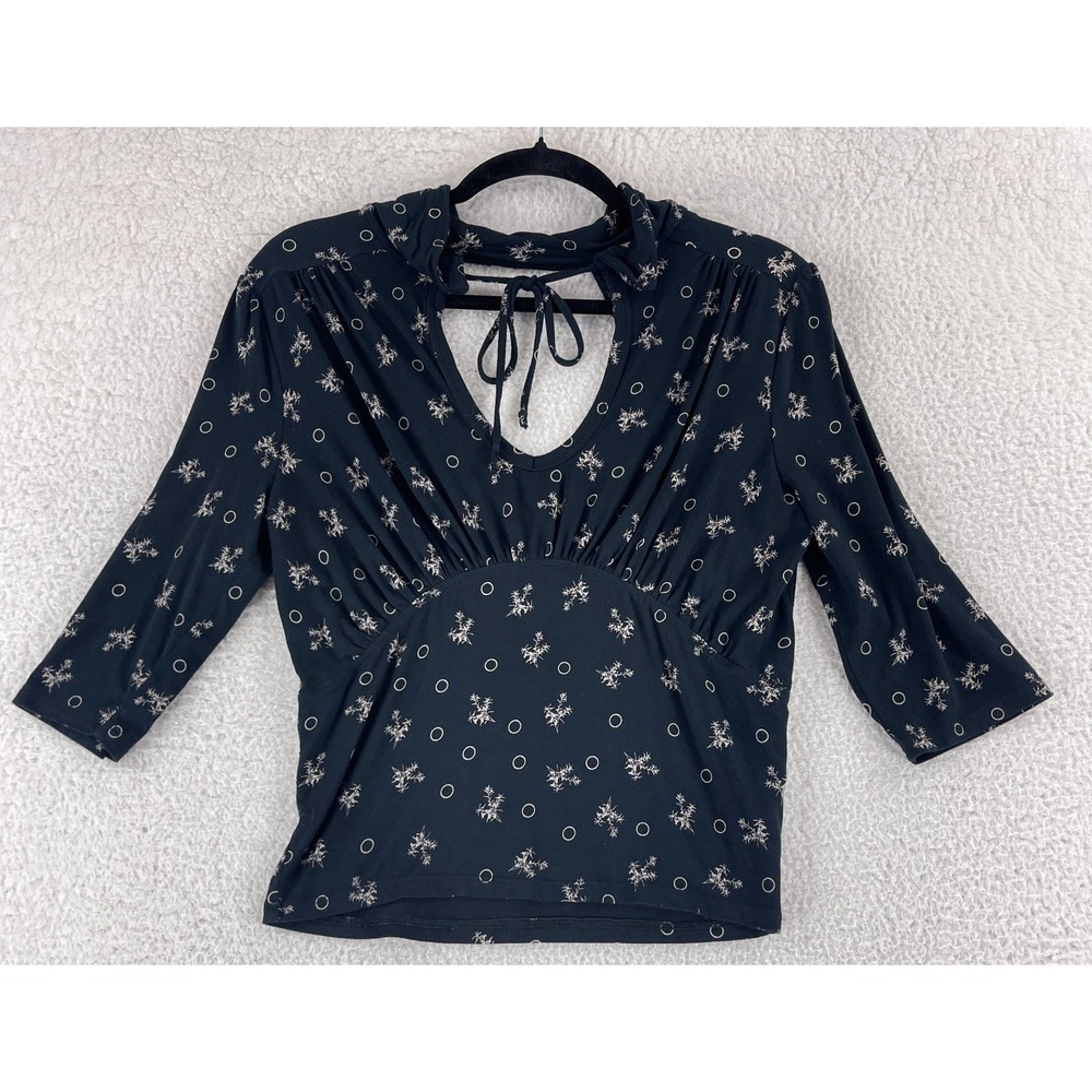 Free People Soraya Top Womens‎ Medium Black Printed Cut-Out 3/4 Sleeve Stretch